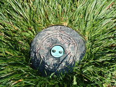 sprinkler head in grass, looks like a face