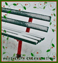 Season's Greetings: green park bench in snow