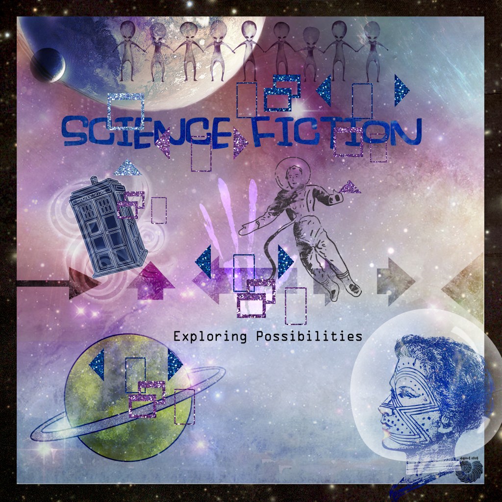 “Blue digital collage "Science Fiction" combining planets, space motifs and a police box, in a layered, textured style.”