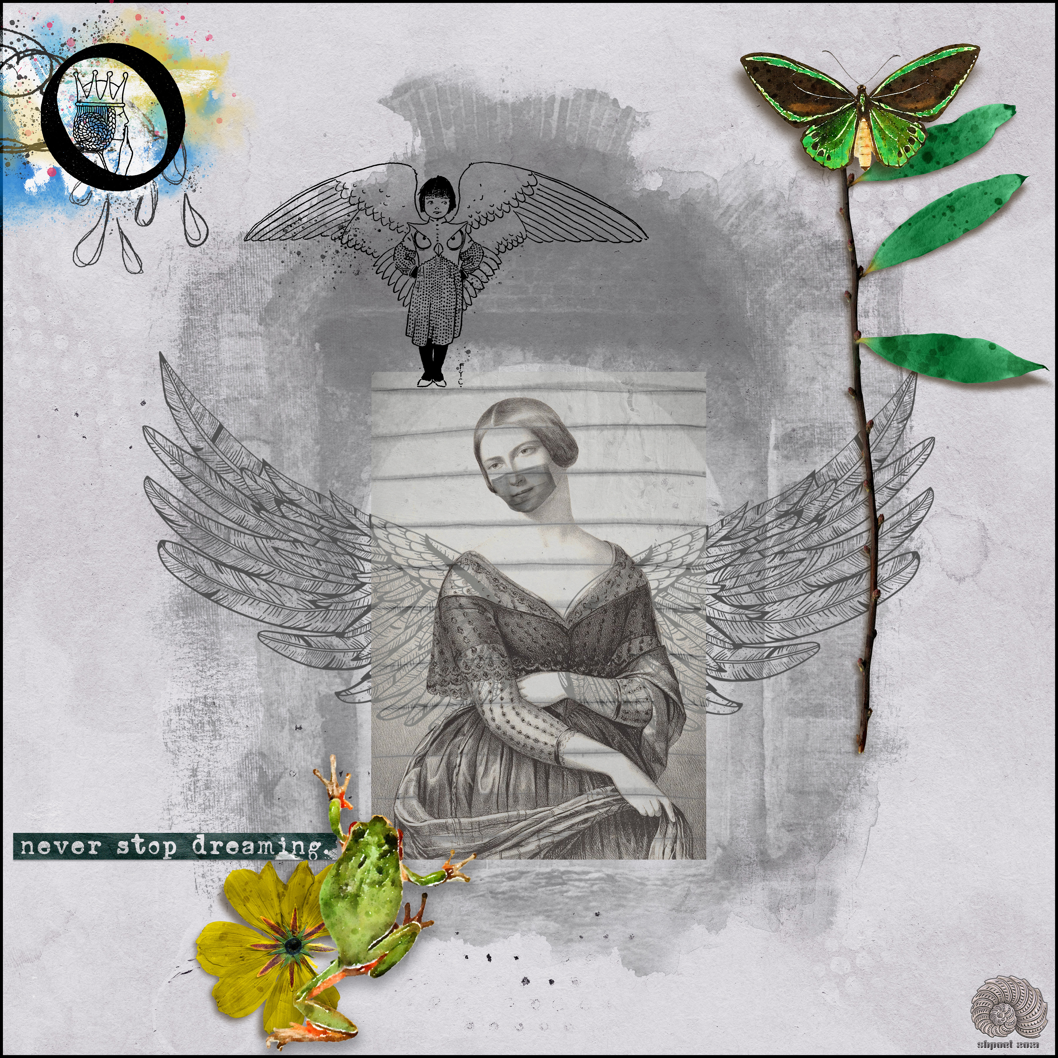 Digital collge in mostly grays, with some green elements: leaves, butterfly, flower, frog. A masked woman with wings in a window is the center image 