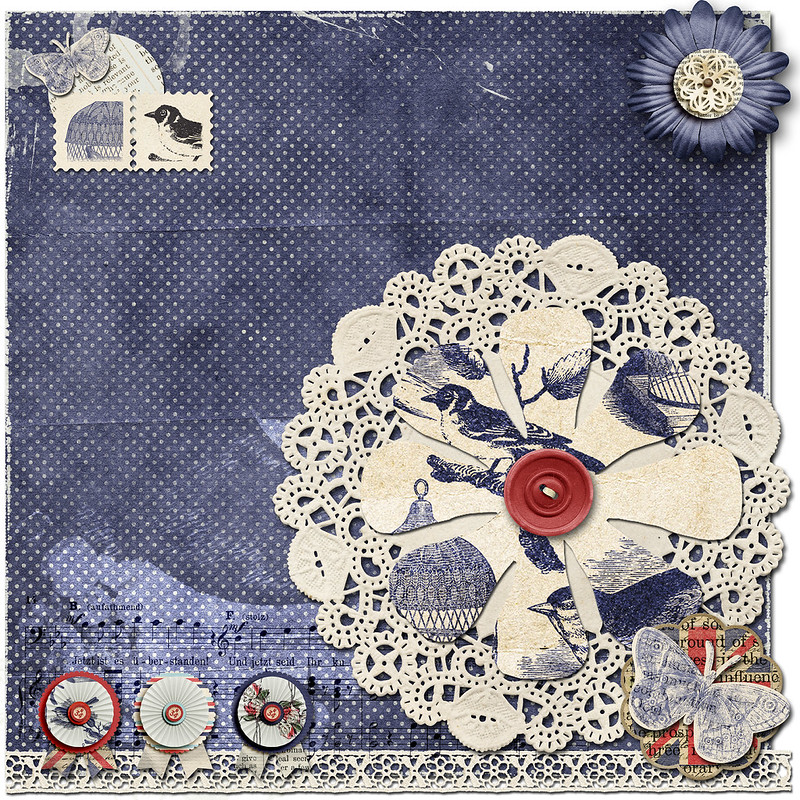 Digital collage by sbpoet. Blue denim background with butterfly, bird, and other pretty elements. 