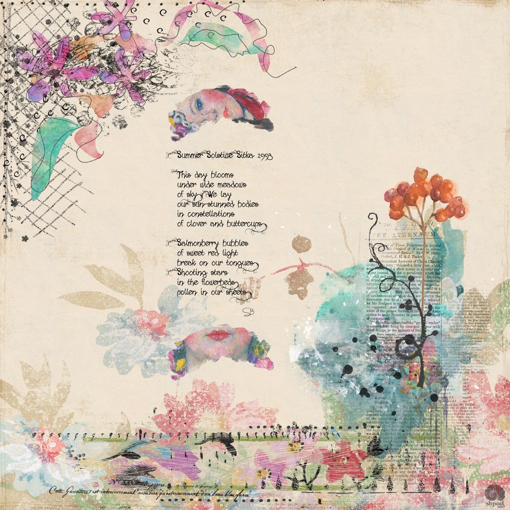 Poem (text below) with summer elements in pind, green, orange, pale blue, lavender. Flowers, berries, a woman's face.