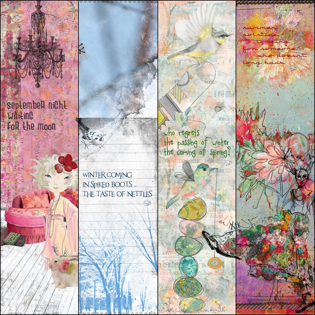 Four panels, each representing a season, with one haiku / small poem on each. Fall, Winter, Spring, Summer.