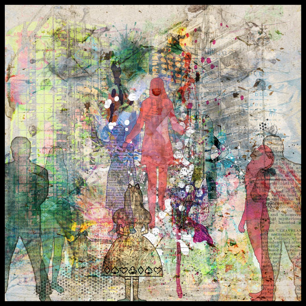 Human figures on a chaotic background of blue, red, yellow, green, etc.
