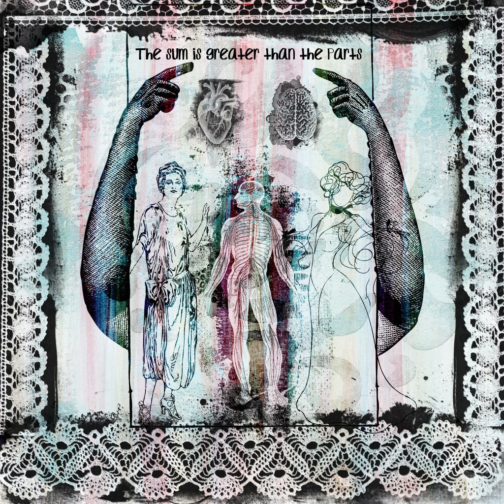 A pastel background, blue and pink, with a lace border. Three human figures, two feminine, one an anatomical image from the back. Also an anatomical heart and brain.