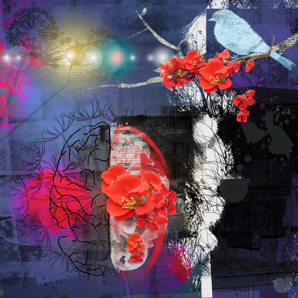 A richly layered digital collage on a ground of deep indigo, violet, and black, scattered with faint lacy botanical line-drawings and ghosted printed text. At the center sits a human brain seen from above: its left hemisphere rendered as a fine black anatomical line-drawing, its right hemisphere overtaken by a cluster of vivid red-orange blossoms, so the mind appears half diagram, half flowering. Across the top, a horizontal chain of soft glowing lens-flare lights runs like a string of sparks or firing thoughts. At upper right, a pale blue bird — its body collaged from old handwriting and a dated document — perches on a bare branch that bursts with the same red blossoms. White brushstrokes and black tangled thicket fill the lower right; a faint second face or skull emerges from the dark. [this alt txt was written by Claude, who cannot see, for others who cannot see]